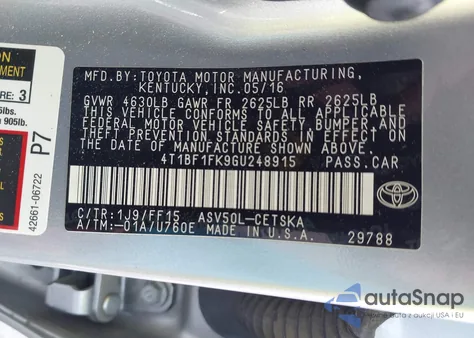 2016 Toyota Camry Se из США, поврежденный, VIN 4T1BF1FK9GU248915